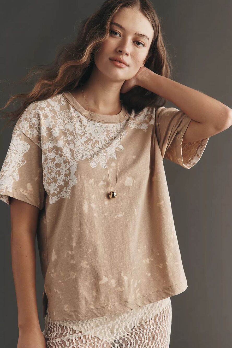 Anthropologie Pilcro Bleached Dye Lace Print Doily Boyfriend Tee Tan XS NEW